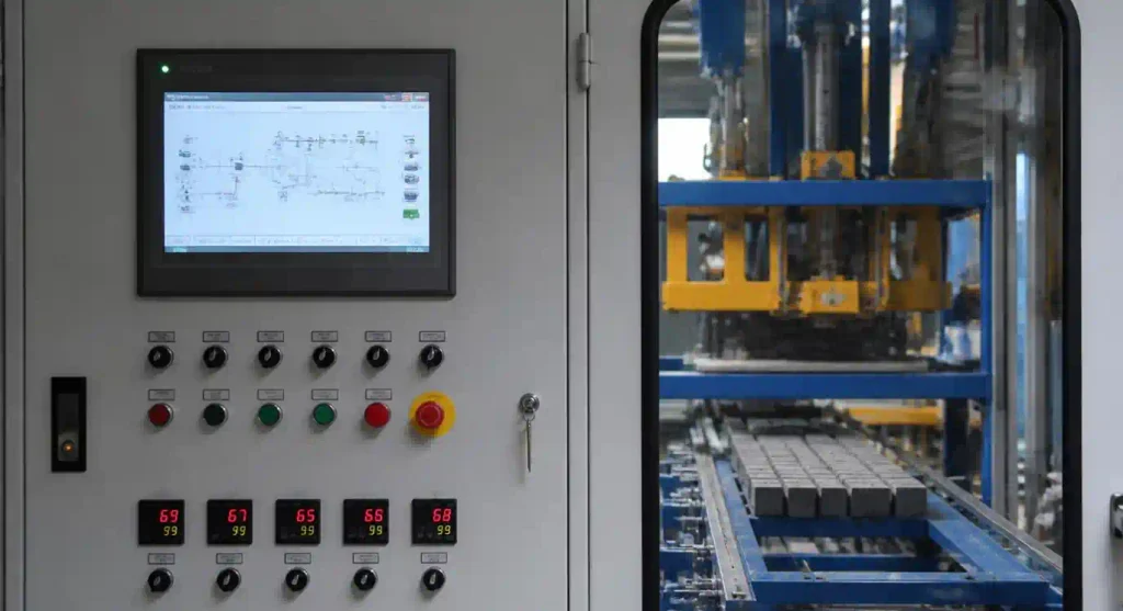 PLC control system panel for automated block production conveyor