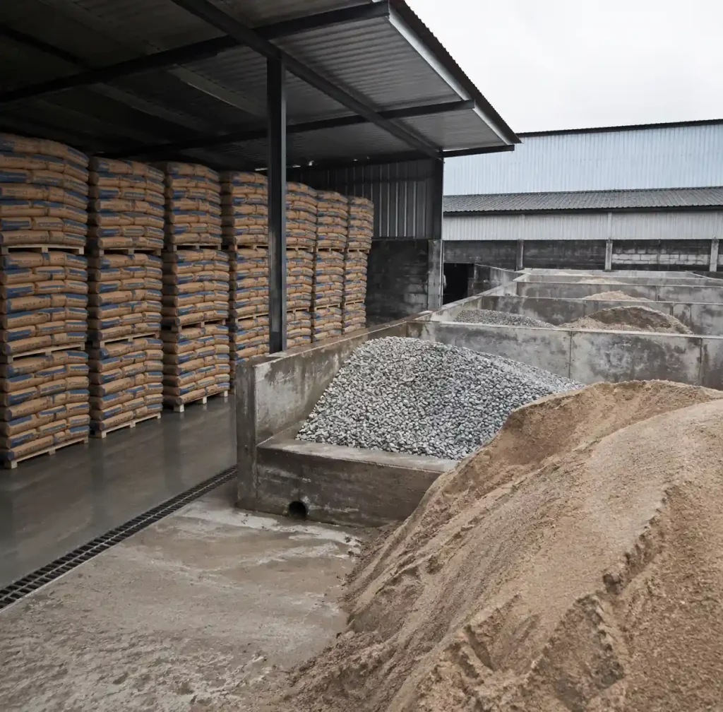 Raw material storage area showing cement bags and aggregate stockpiles