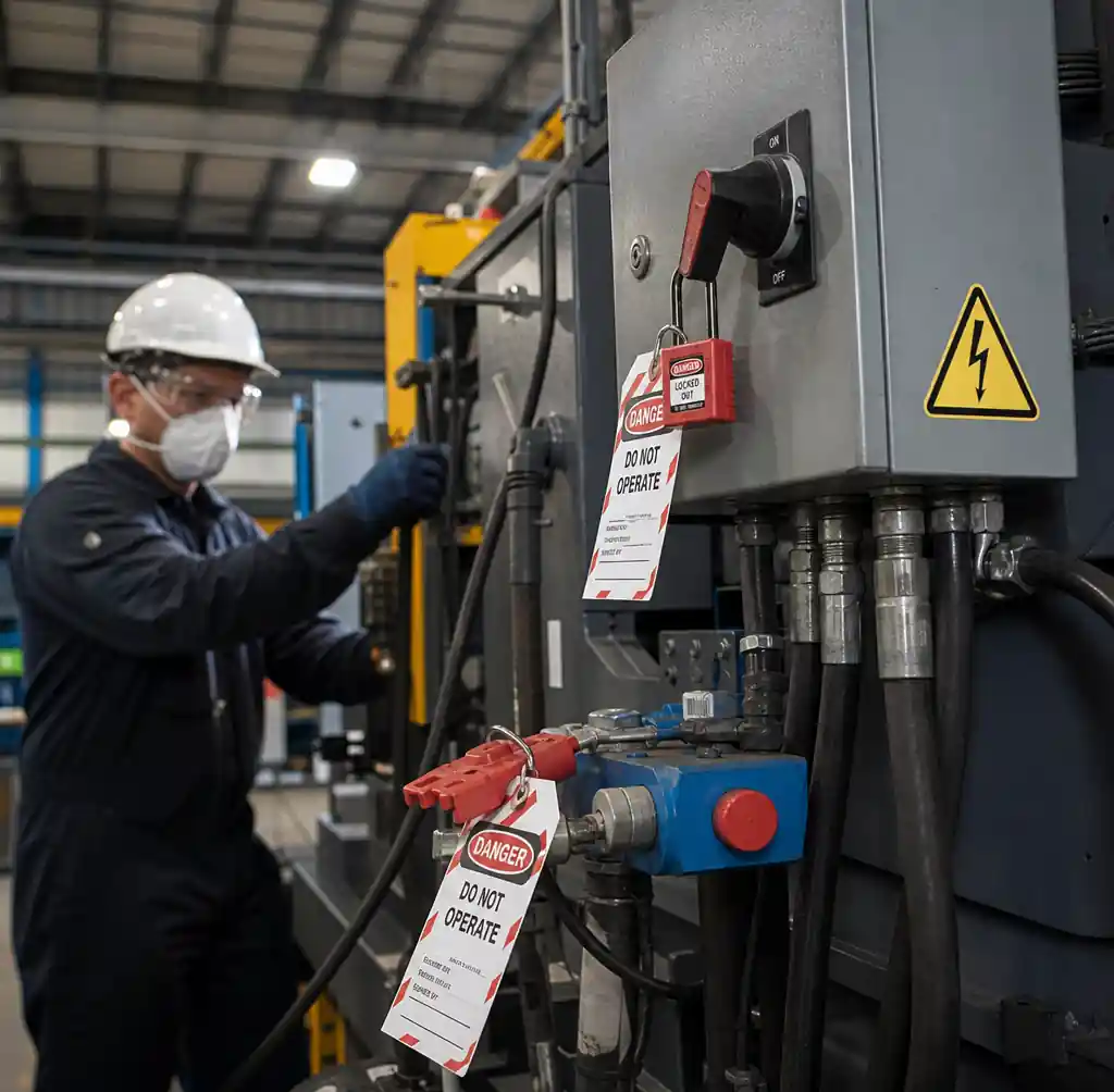Block machine safety equipment and lockout-tagout procedures