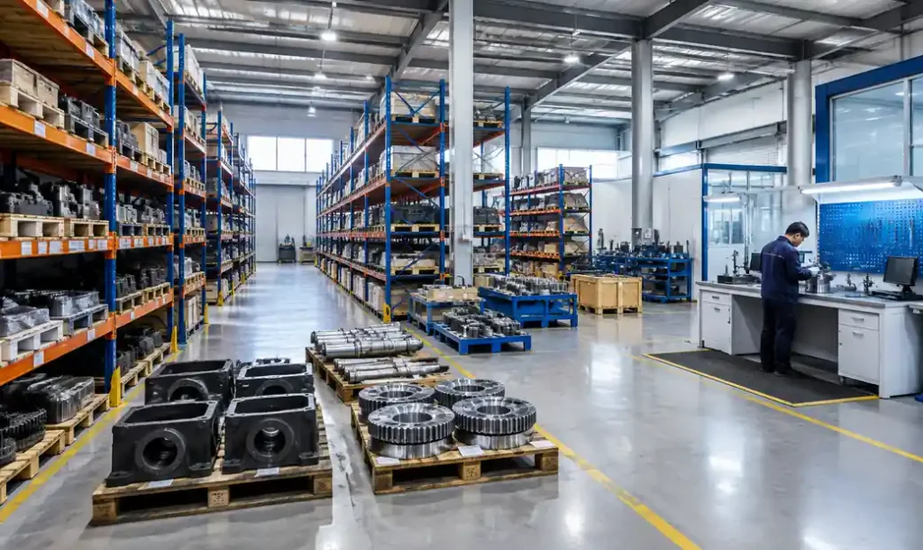 Industrial spare parts supplier warehouse with block machine components