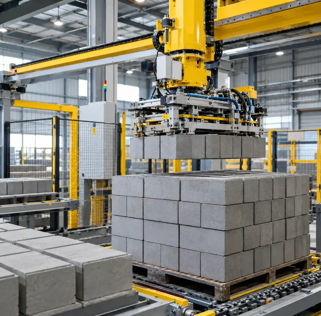 Automatic palletizer stacking concrete blocks in production line