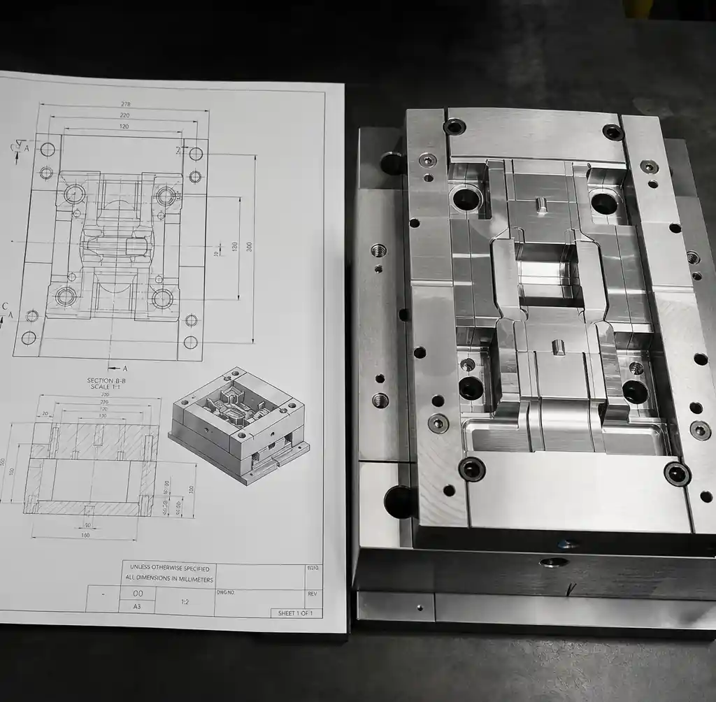 Custom block mould CAD design and actual fabricated mould comparison