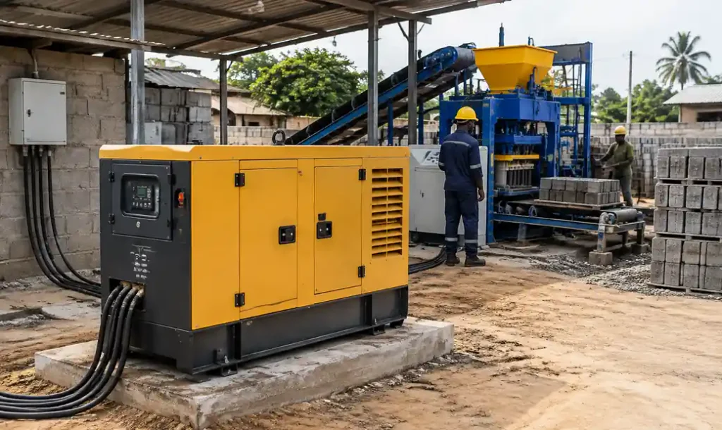 Diesel generator providing backup power for block making machine in Nigerian facility