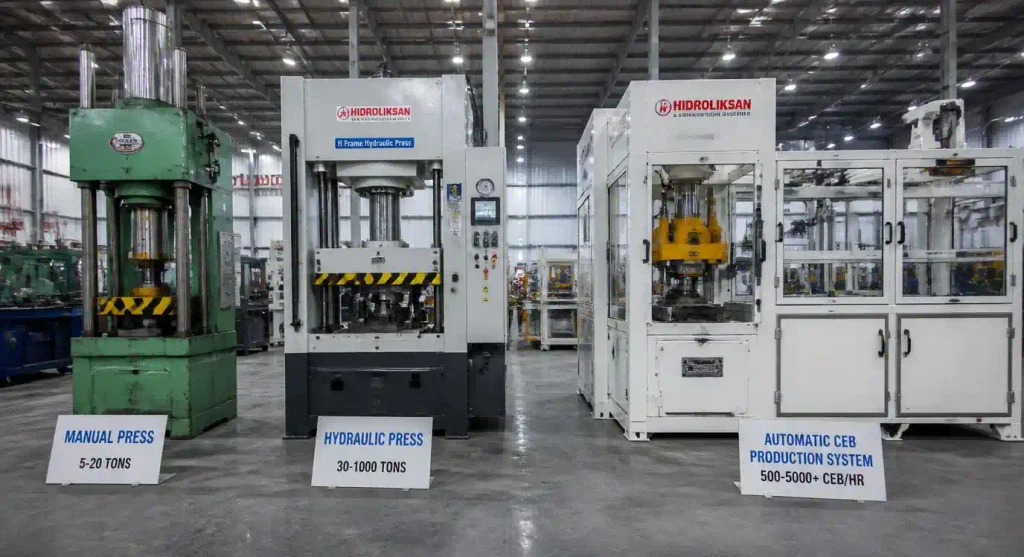 Manual, hydraulic, and automatic CEB machines side by side