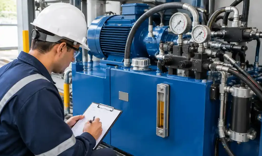 Operator conducting daily hydraulic system inspection