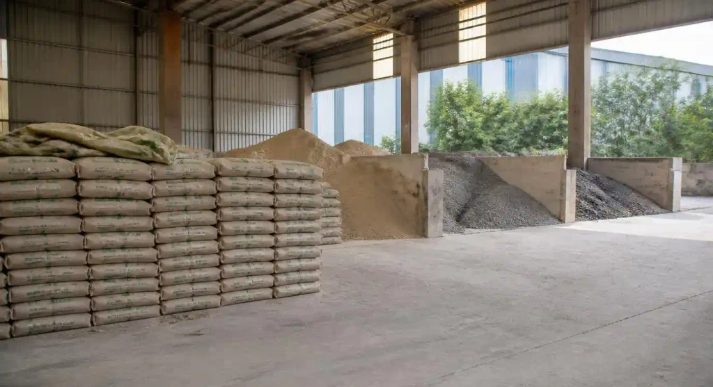 Raw material storage area with cement, sand, and aggregates