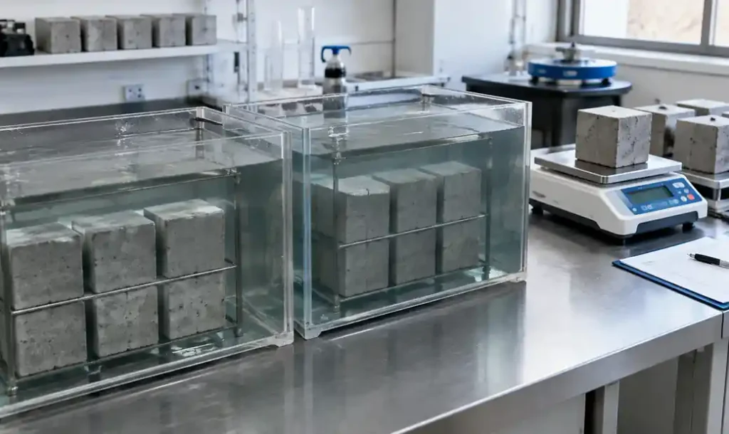Concrete blocks immersed in water for absorption and density testing