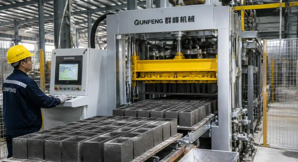 Automatic hydraulic block making machine producing fly ash blocks in production facility