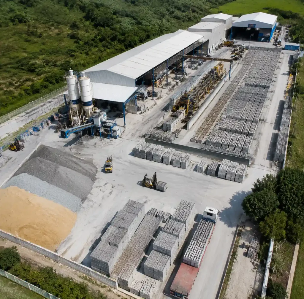 Block factory site layout showing material flow from storage to dispatch