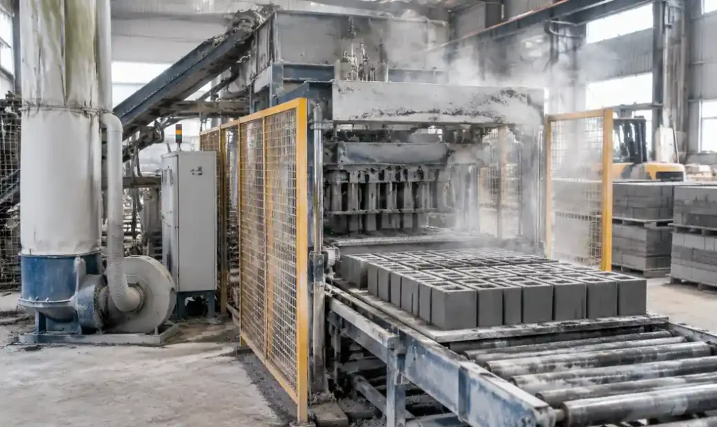 Block machine operating in dusty production environment