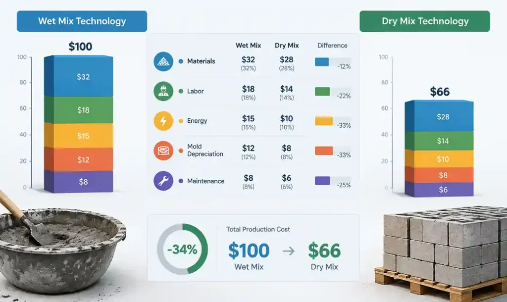 Production cost breakdown comparison chart for wet mix vs dry mix