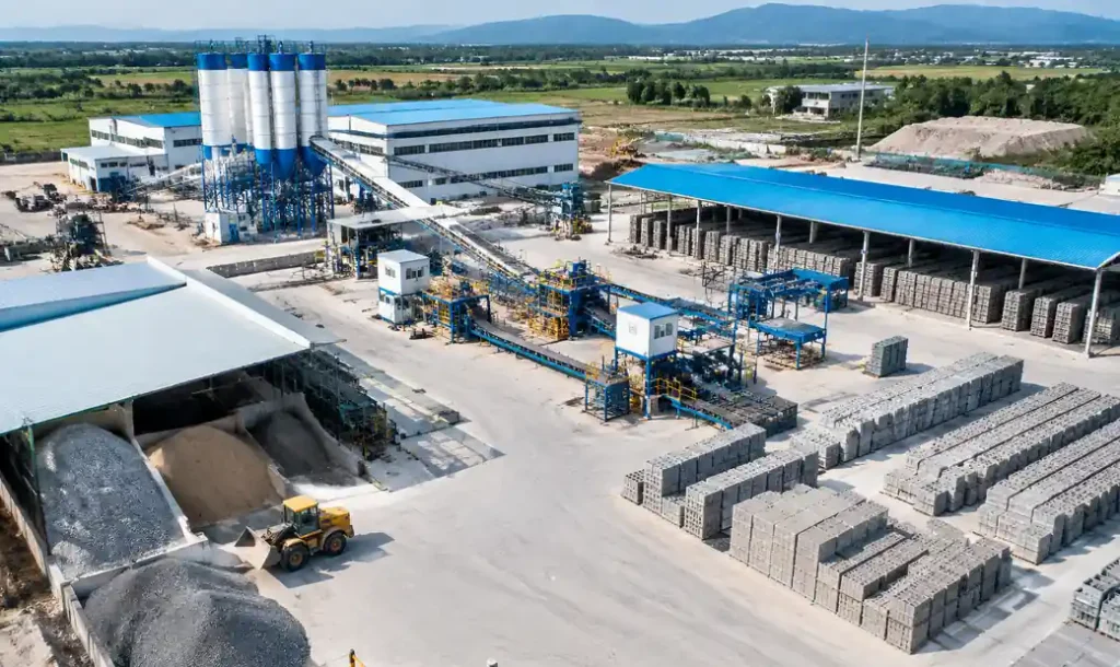 Complete block making facility showing production and curing areas
