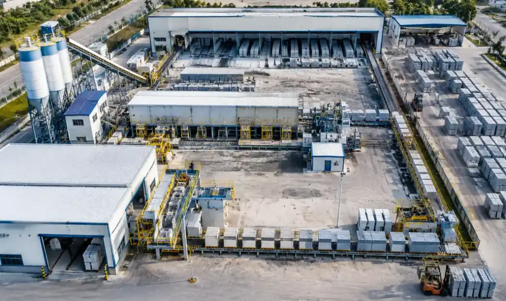 Overhead view of block production facility with conveyor system layout