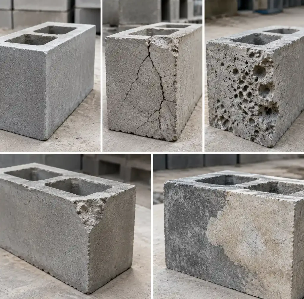 Examples of common concrete block defects including cracks and honeycombing