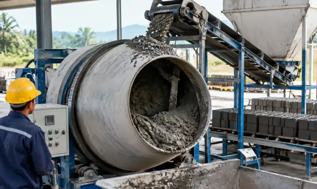 Concrete mixer preparing material batch for block production