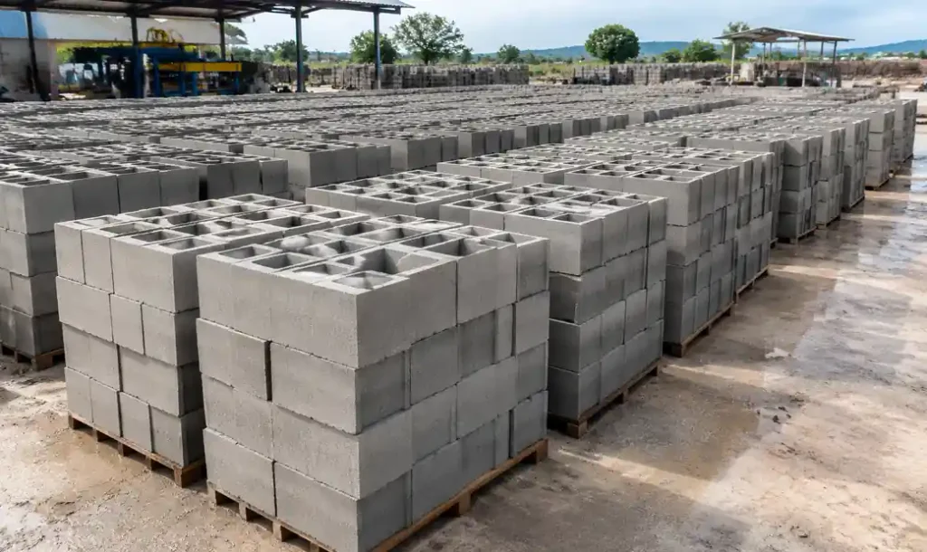 Stacked finished concrete blocks in curing area showing 9-inch hollow blocks