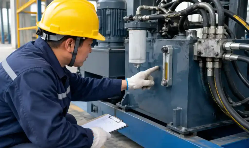 Technician checking hydraulic oil level in block making machine