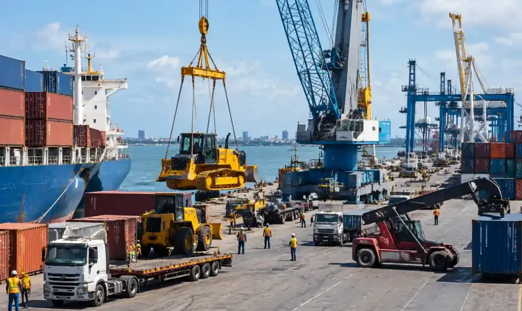 Container with imported machinery at Mombasa Port Kenya showing import logistics