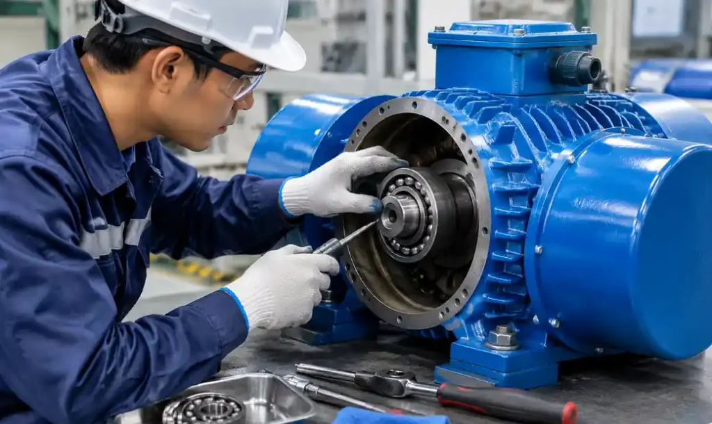 Technician inspecting vibration motor bearings during maintenance