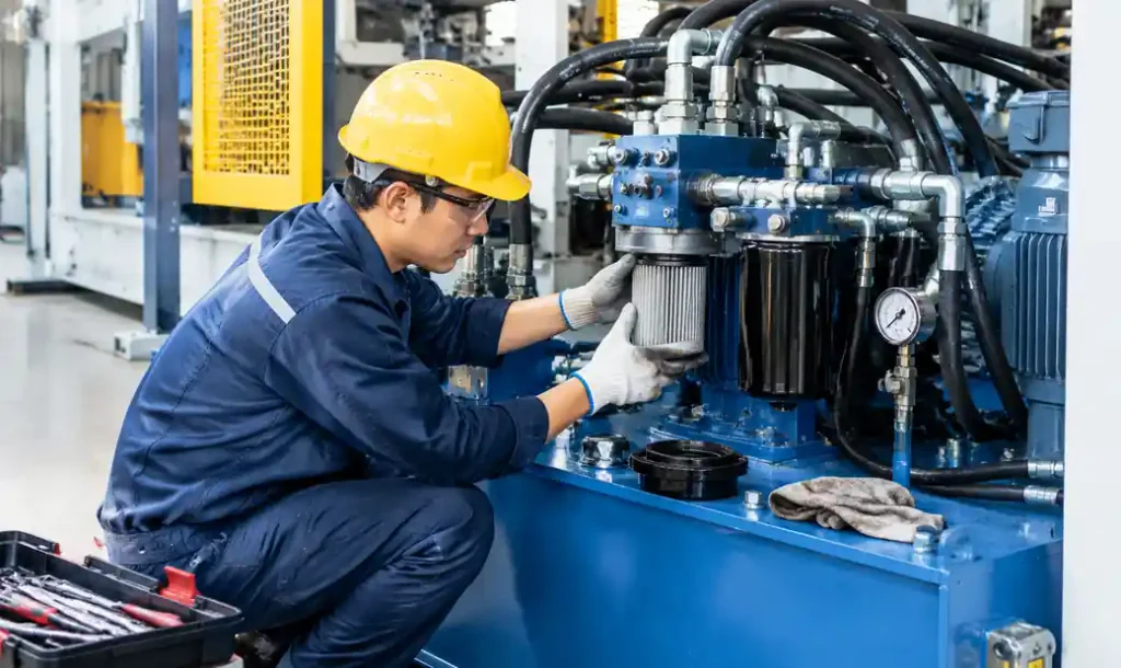 Technician performing maintenance on block machine hydraulic system