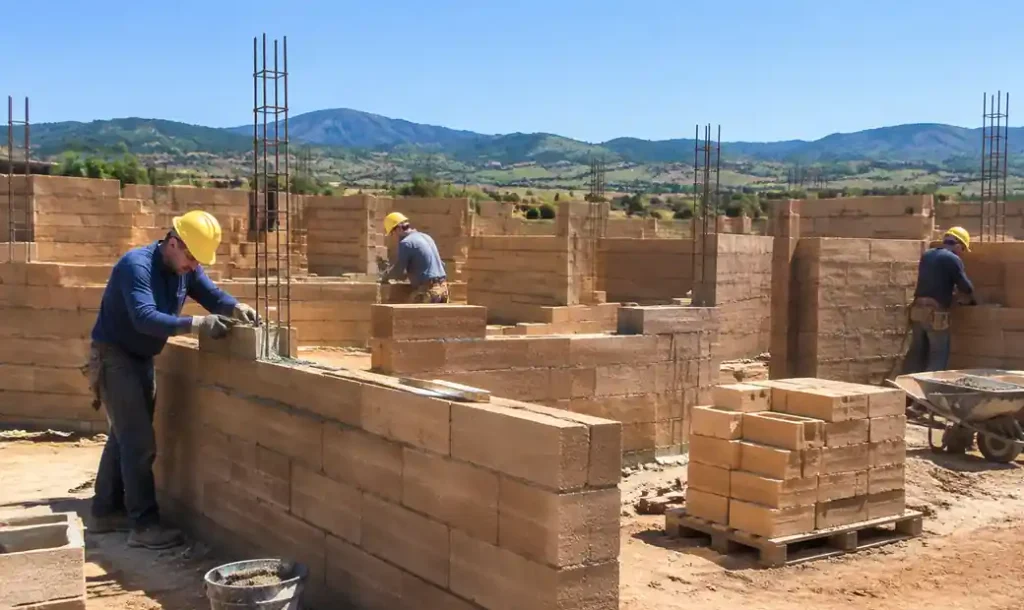 Construction site with compressed earth block walls being built