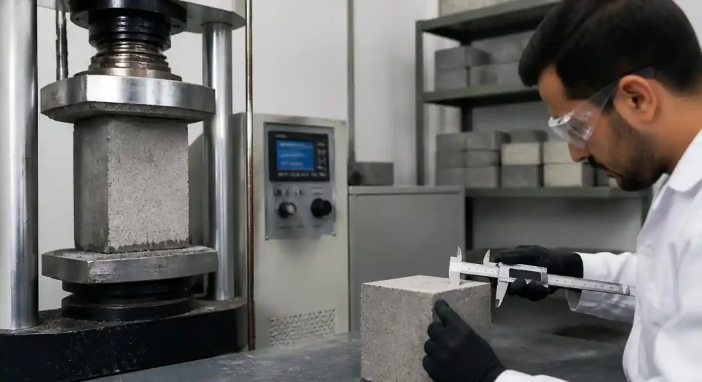 Quality inspection of finished concrete blocks testing strength and dimensions