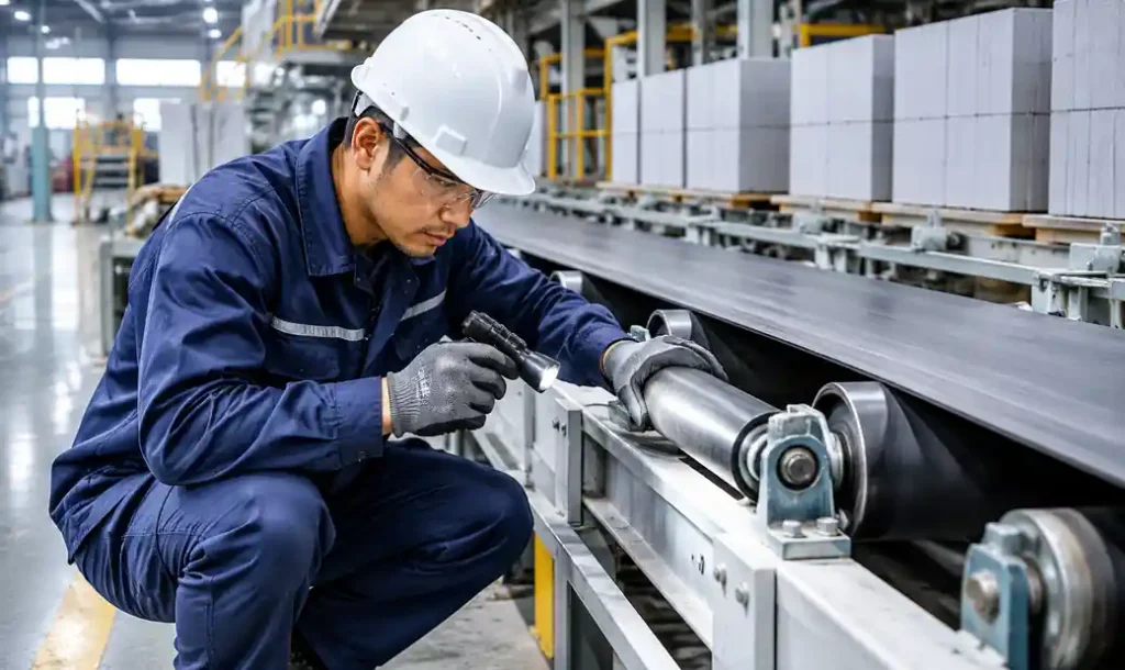 Technician performing maintenance inspection on conveyor belt system