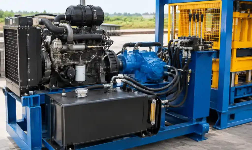 Diesel engine integrated with block making machine hydraulic system