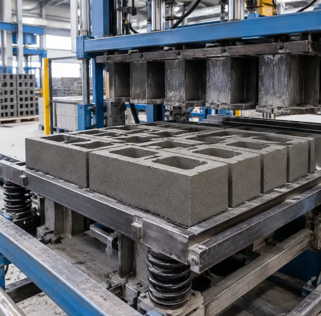 Hollow concrete blocks being produced on automated vibration system