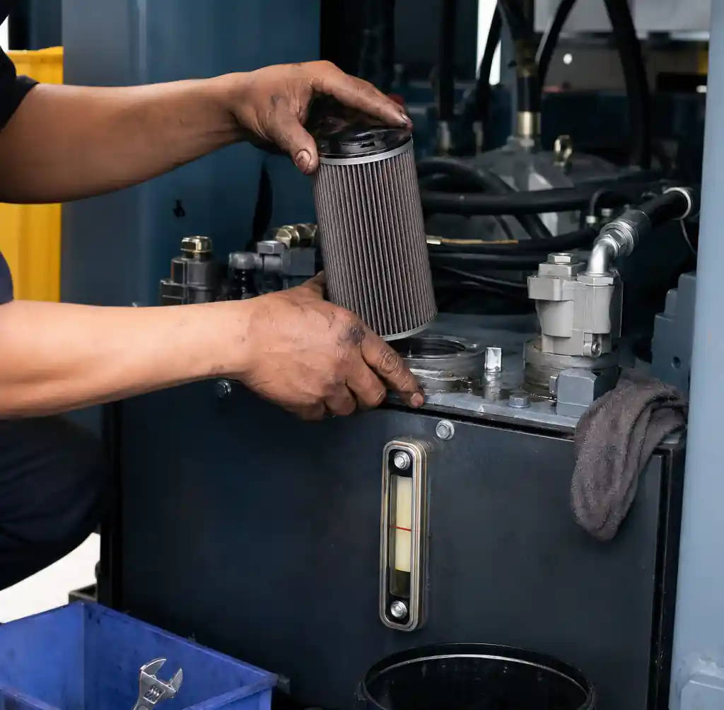 Hydraulic oil filter maintenance on block machine