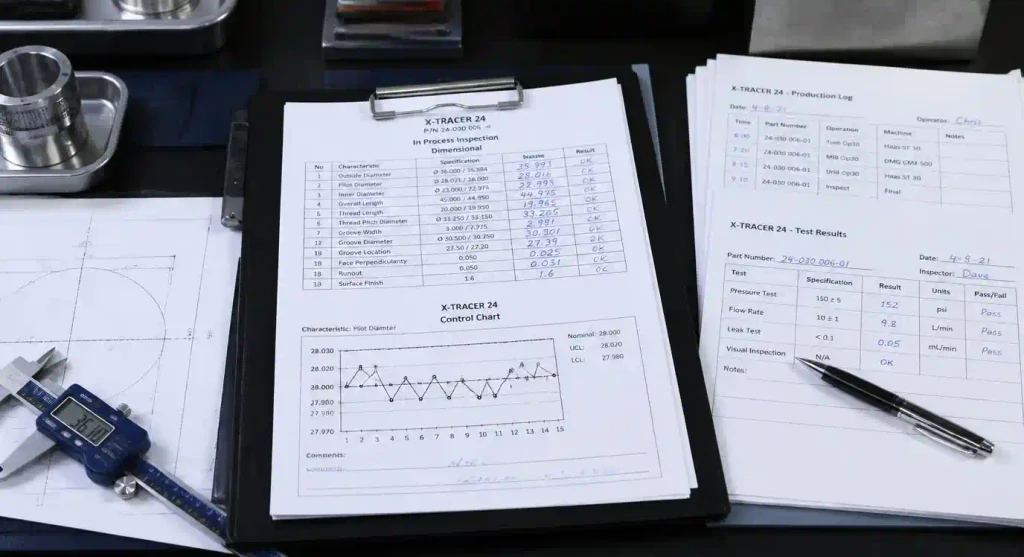Quality control documentation with inspection charts and production data records