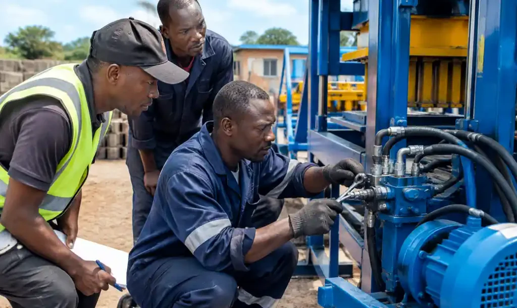 Technician performing maintenance or training on block making machine in Kenya