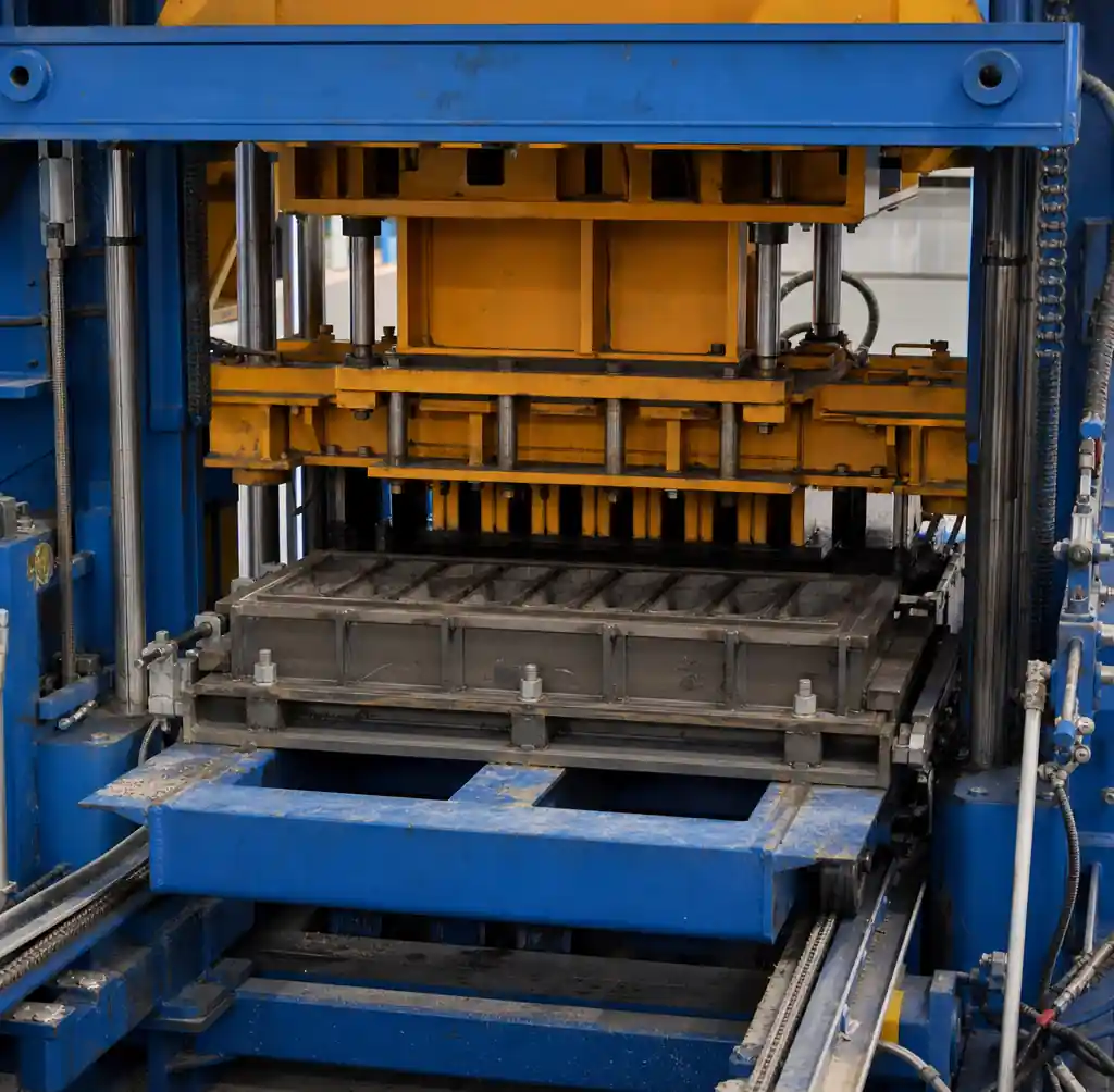 Block machine with mould installed in production line showing integration