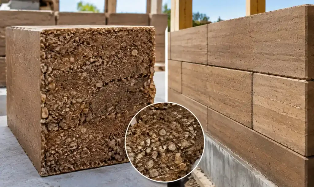 Cross-section of compressed earth block wall showing density