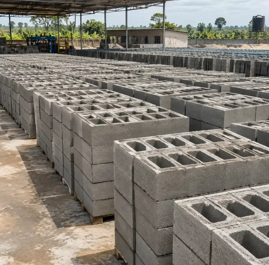 Stacked finished concrete blocks in curing area of Kenya production facility