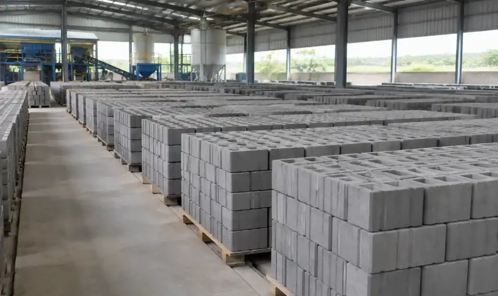 Curing area with rows of fly ash blocks aging in production facility