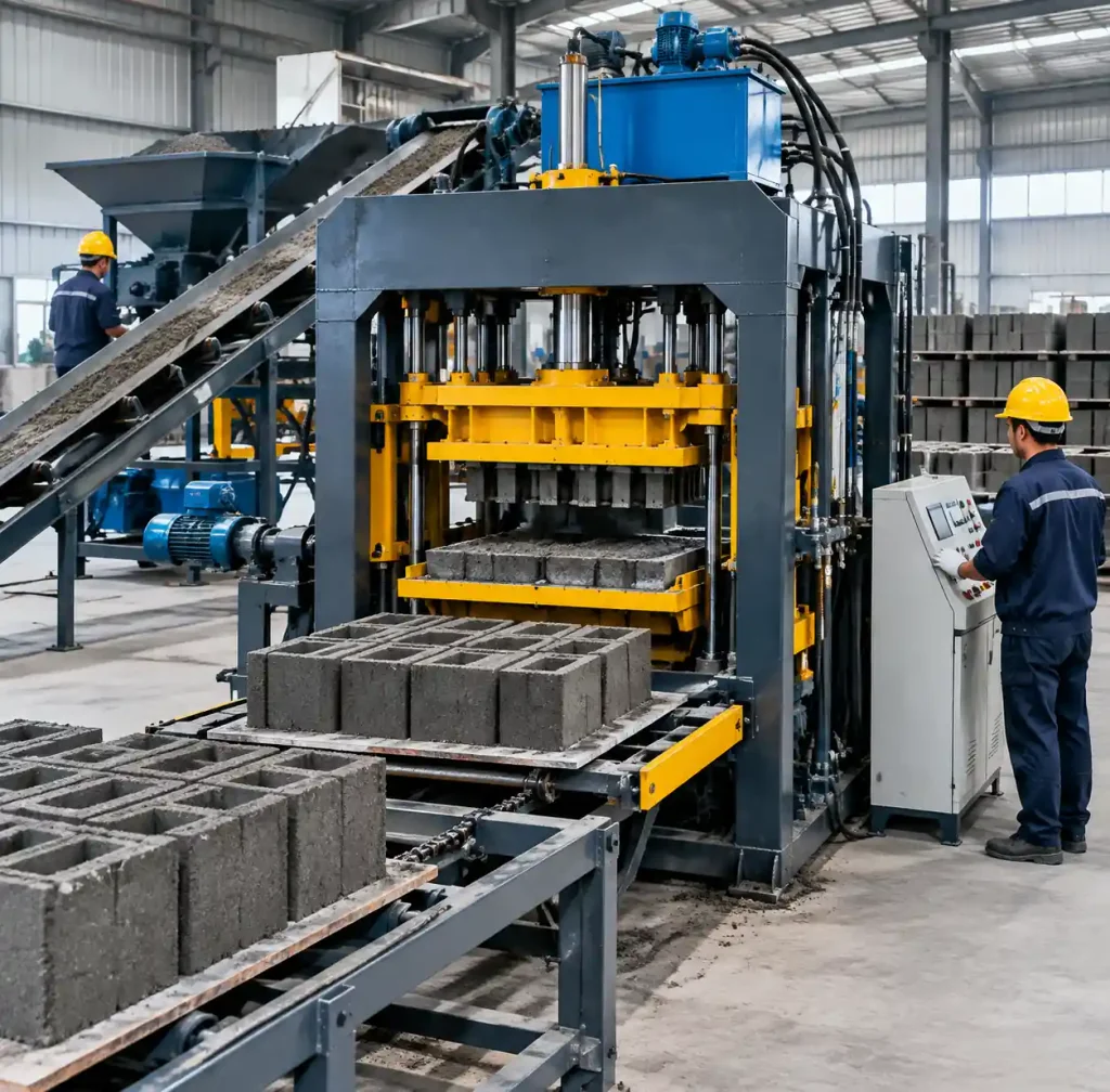 Semi-automatic block machine during efficient production cycle