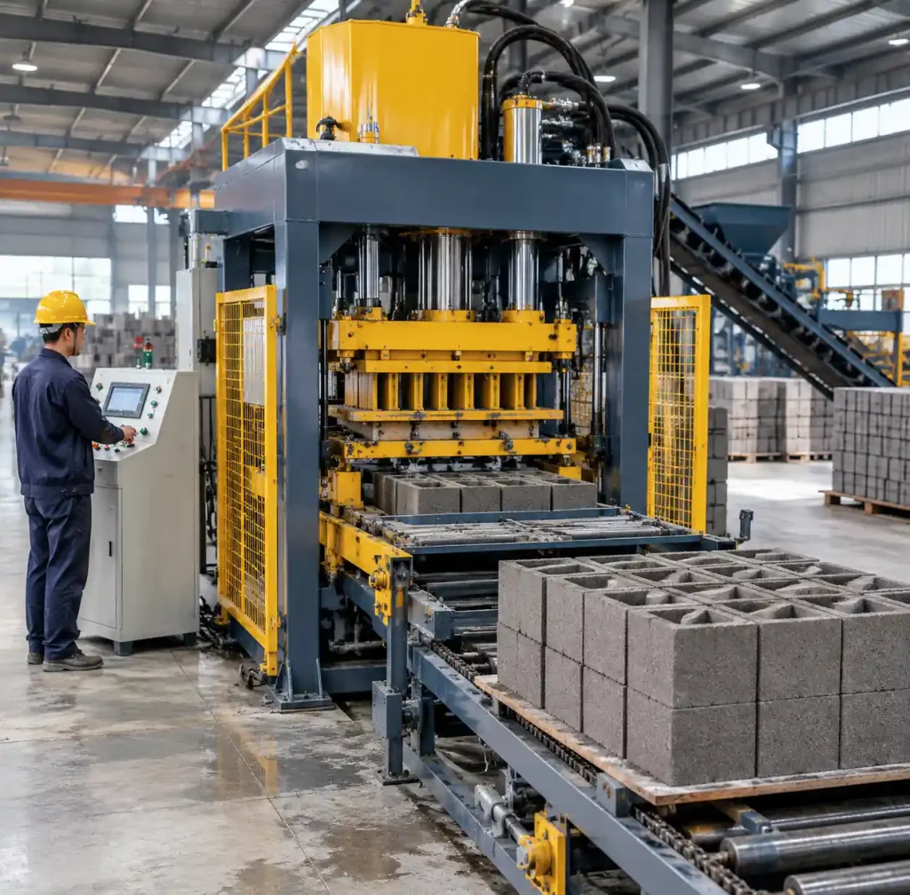 Semi-automatic hydraulic block machine with operator control station