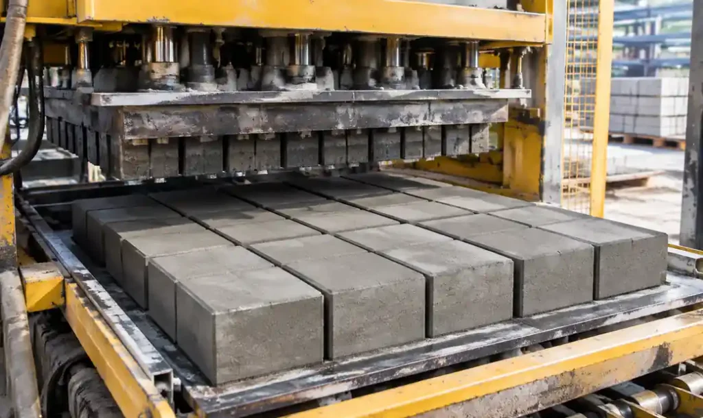 Solid paver blocks undergoing high-intensity vibration compaction
