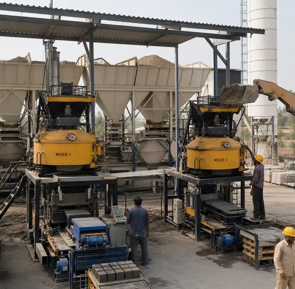 Dual concrete mixer system for continuous block production