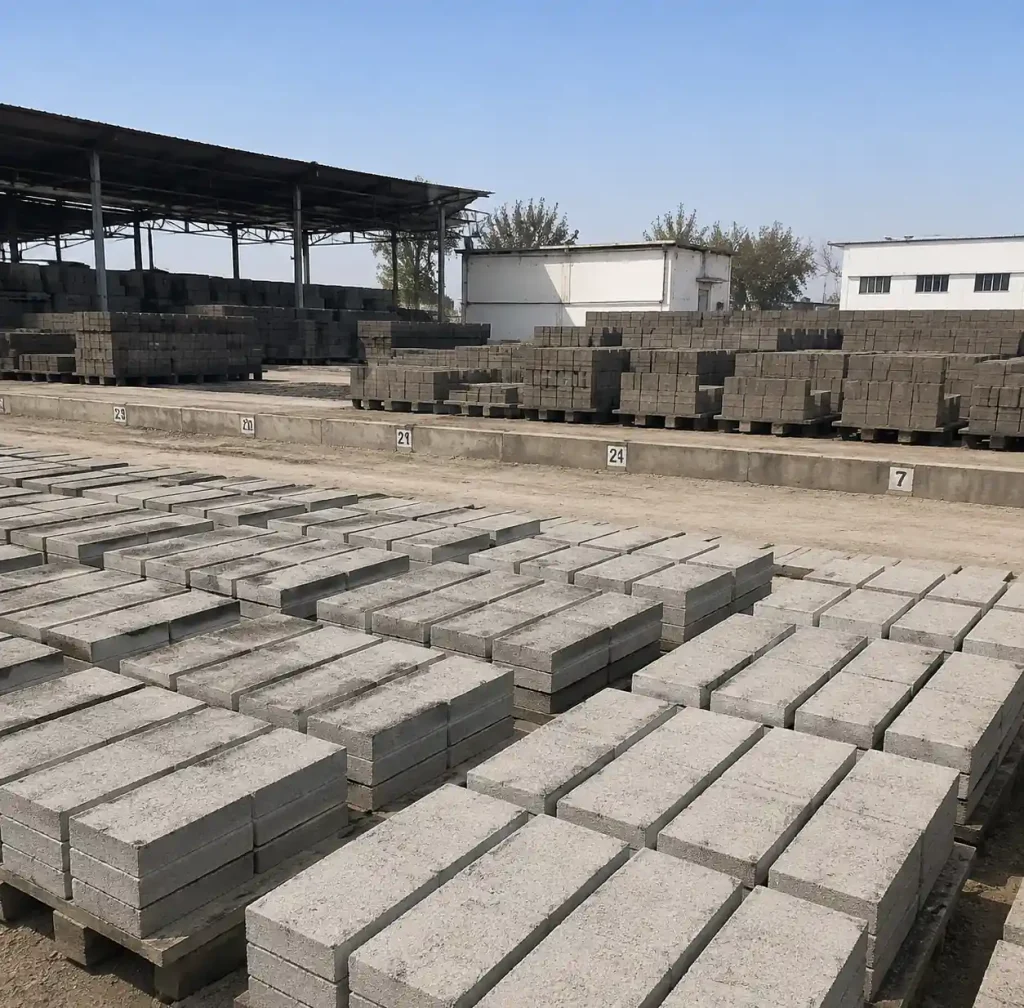 Freshly pressed compressed earth blocks curing in outdoor yard