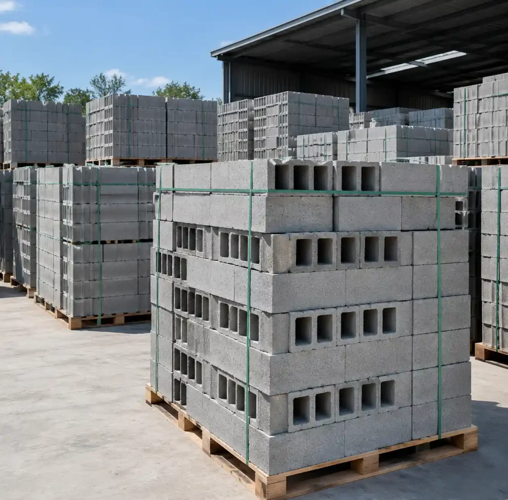 Finished concrete blocks stacked and ready for customer delivery
