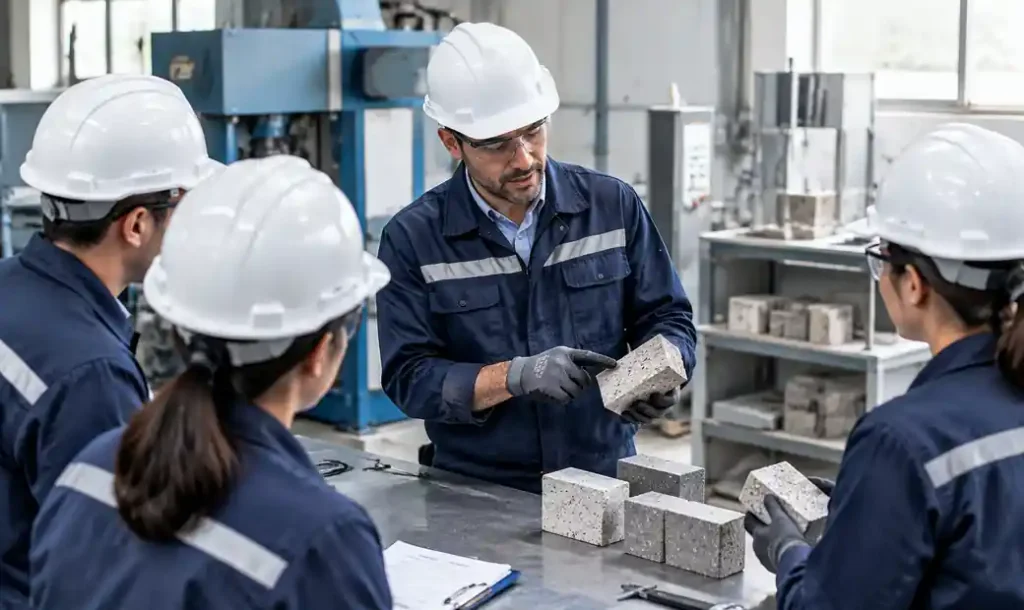 Block machine operators receiving quality control training in production facility