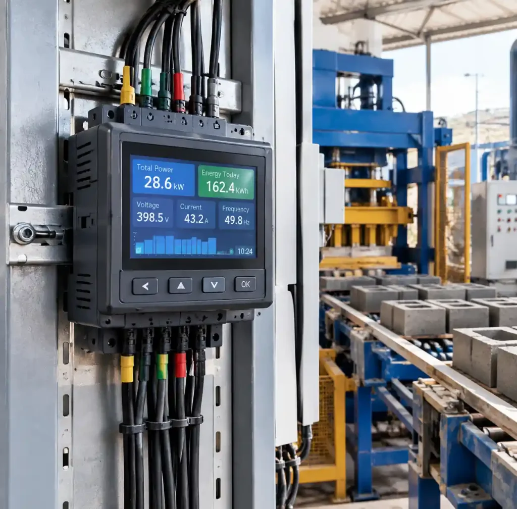 Energy monitoring system and power meter tracking block machine electrical consumption