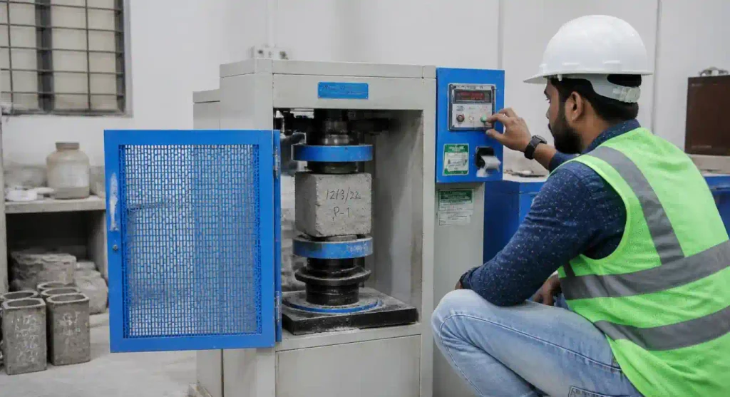 Quality inspector testing concrete block strength and specifications
