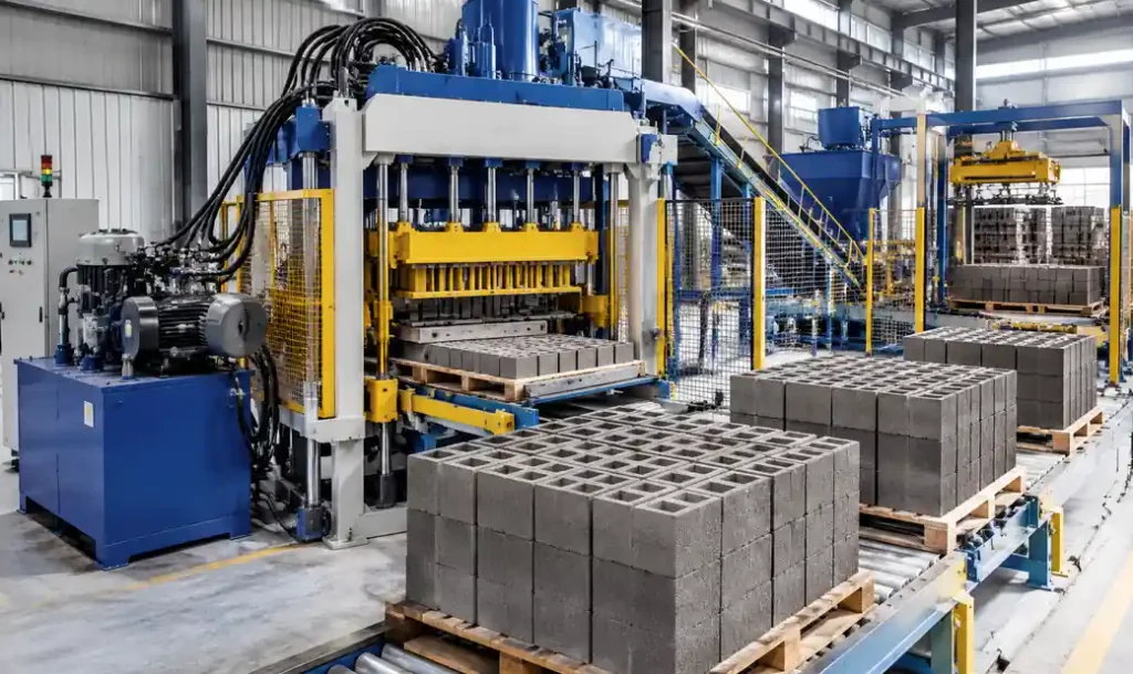 Automatic block making machine operating at optimized production speed with automated material handling