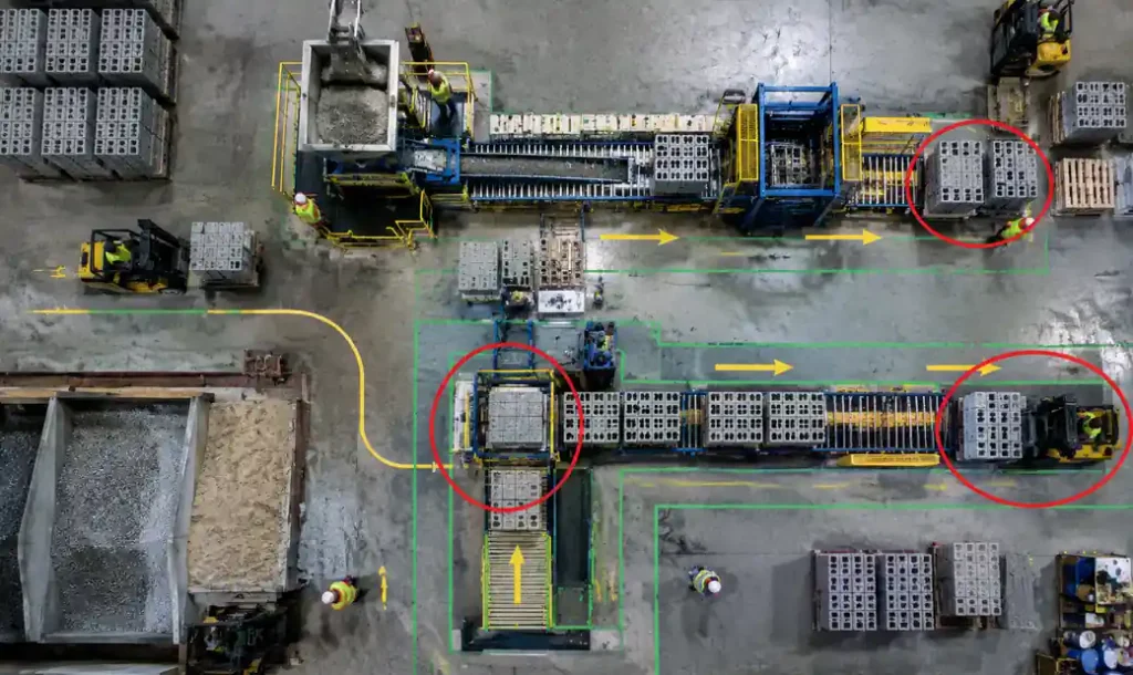 Block factory floor plan showing workflow bottlenecks and material flow paths