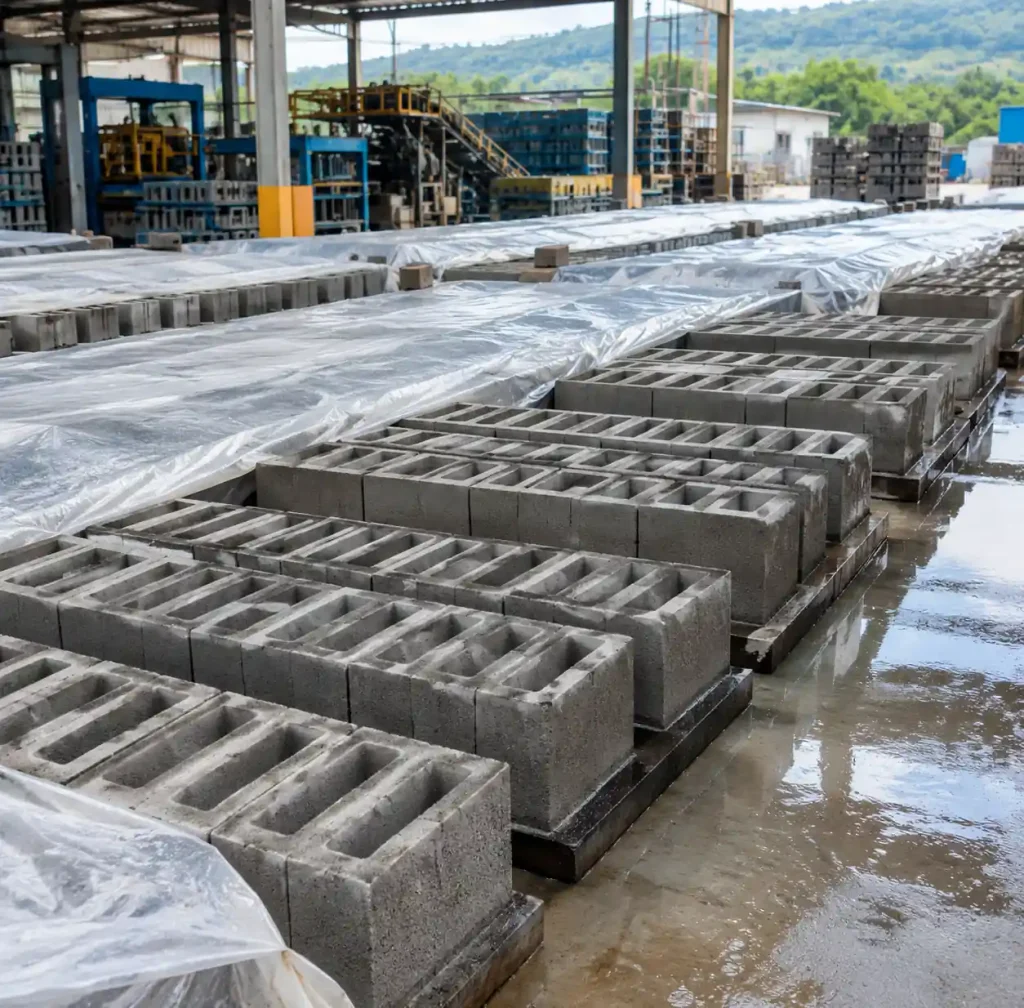 Concrete blocks in early curing stage showing moisture control process