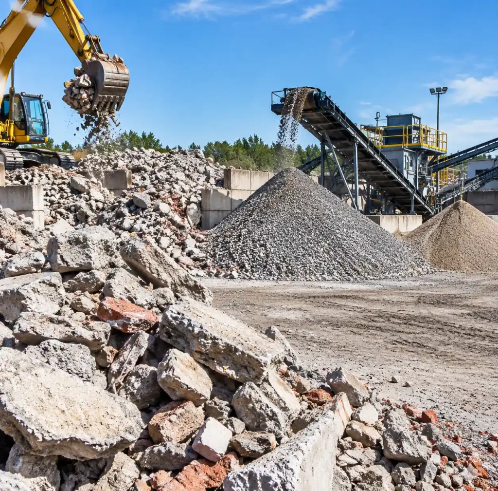 Construction demolition waste at recycling facility showing concrete and aggregate materials