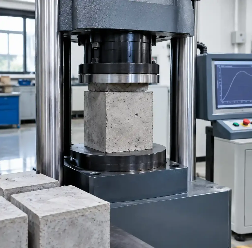 High-strength concrete blocks undergoing compressive strength testing in laboratory